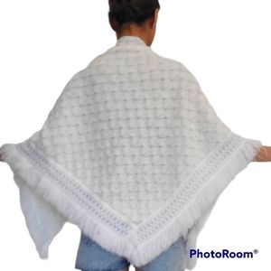 Vintage Joseph Horne Co White Crochet Triangular fringe Shawl